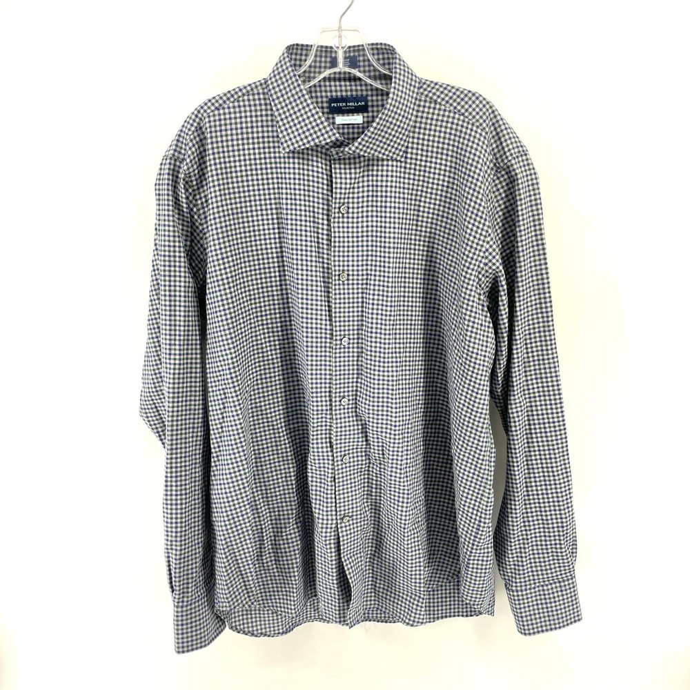 Peter Millar Collection Mens XL Blue Green Gingham Check Shirt Winter Soft Twill